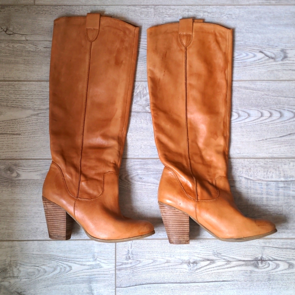 ALDO Cognac Genuine Leather Knee High Pull On Boots - Size 40/9.5  💚EUC💚
